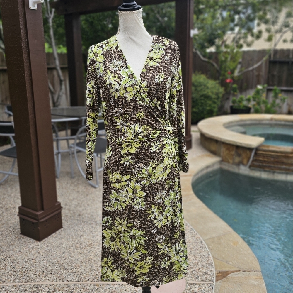 Pendleton floral  Faux Wrap Brown Green Floral Stretch Midi dress M